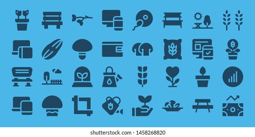 grow icon set. 32 filled grow icons. on blue background style Collection Of - Plant, Responsive, Bench, Seed, Park, Mushroom, Branch, Crop, Billfold, Watering can, Fertilization