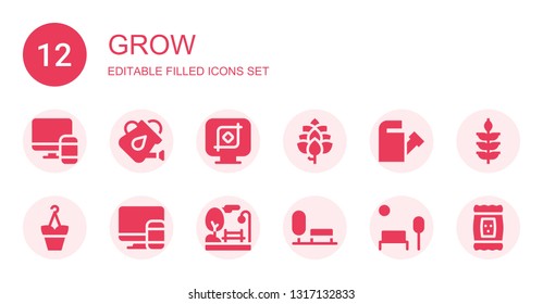 grow icon set. Collection of 12 filled grow icons included Responsive, Watering can, Crop, Hop, Flowerpot, Park, Wheat, Seed