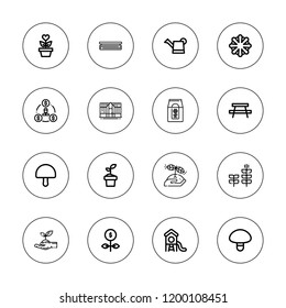 Grow icon set. collection of 16 outline grow icons with bench, fertilizer, greenhouse, grows, growth, mushroom, park, plant, profits, seed, watering can icons.