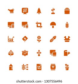grow icon set. Collection of 25 filled grow icons included Growth, Fertilizer, Crop, Wheat, Feeding bottle, Watering can, Responsive, Seed, Hop, Mushroom, Profit, Seeds, Pine