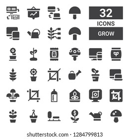 grow icon set. Collection of 32 filled grow icons included Mushroom, Watering can, Growth, Park, Flowerpot, Flower pot, Crop, Greenhouse, Feeding bottle, Responsive, Wheat, Fertilizer