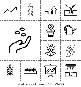 Grow icons. set of 13 editable outline grow icons such as hand with seeds, shave hair in skin, hair removal, graph on board, plant, watering can, flower pot, flower