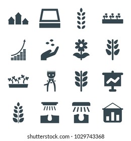 Grow icons. set of 16 editable filled grow icons such as hand with seeds, hair removal, wheat, graph on board, flower, sprout plants, plant, square plant pot, arrow up