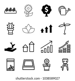 Grow icons. set of 16 editable outline grow icons such as graph, plant on hand, money tree, plant, arrow up, hair removal, money growth, watering can, flower pot