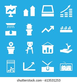 Grow icons set. set of 16 grow filled icons such as arrow up, shave hair in skin, hair removal, flower pot, sprout plants, seed bag, hair, cactus, square plant pot, graph