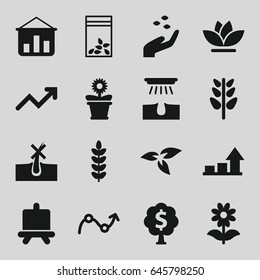 Grow icons set. set of 16 grow filled icons such as plant, hand with seeds, board, no hair in skin, hair removal, flower pot, flower, seed bag, graph, money tree