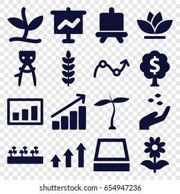 Grow icons set. set of 16 grow filled icons such as plant, hand with seeds, board, hair removal, flower, sprout plants, square plant pot, graph, money tree