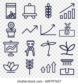 Grow icons set. set of 16 grow outline icons such as plant, board, no hair in skin, hair removal, flower pot, flower, seed bag, graph, wheat