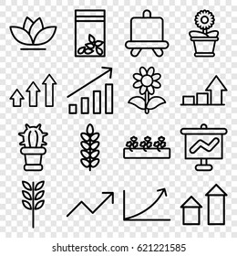 Grow icons set. set of 16 grow outline icons such as arrow up, board, flower pot, flower, sprout plants, seed bag, cactus, graph, wheat, graph on board