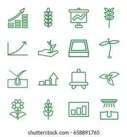 Grow icons set. set of 16 grow outline icons such as plant, board, shave hair in skin, hair removal, flower, square plant pot, graph, plant on hand, wheat, money growth