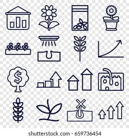 Grow icons set. set of 16 grow outline icons such as arrow up, no hair in skin, hair removal, flower pot, flower, sprout plants, seed bag, hair, graph, plant, money tree