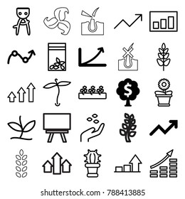 Grow icons. set of 25 editable outline grow icons such as graph, money tree, plant, hand with seeds, hair removal, money growth, flower pot, sprout plants, seed bag, cactus