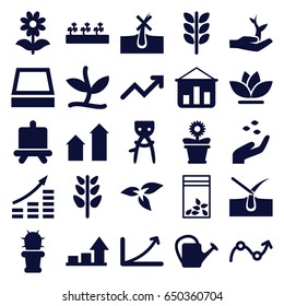 Grow icons set. set of 25 grow filled icons such as plant, hand with seeds, arrow up, board, no hair in skin, shave hair in skin, hair removal, watering can, flower pot