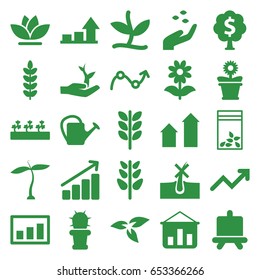 Grow icons set. set of 25 grow filled icons such as plant, hand with seeds, arrow up, board, no hair in skin, watering can, flower pot, flower, sprout plants, seed bag, cactus