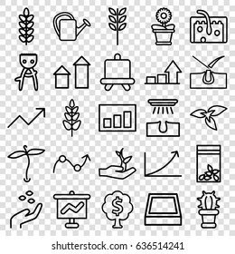 Grow icons set. set of 25 grow outline icons such as plant, hand with seeds, arrow up, board, shave hair in skin, hair removal, watering can, flower pot, seed bag, hair