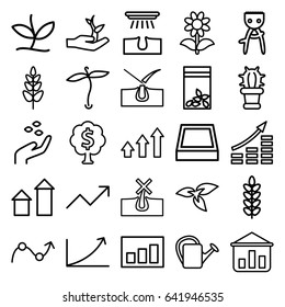 Grow icons set. set of 25 grow outline icons such as plant, hand with seeds, arrow up, no hair in skin, shave hair in skin, hair removal, watering can, flower, seed bag