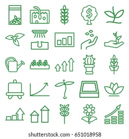 Grow icons set. set of 25 grow outline icons such as plant, hand with seeds, arrow up, board, hair removal, watering can, flower, sprout plants, seed bag, hair, cactus