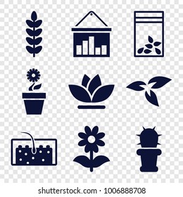 Grow icons. set of 9 editable filled grow icons such as plant, flower, seed bag, hair, cactus, graph on board