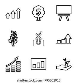 Grow icons. set of 9 editable outline grow icons such as money growth, graph, plant on hand, money tree, board, no hair in skin