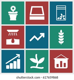 Grow icons set. set of 9 grow filled icons such as hair removal, flower pot, seed bag, square plant pot, graph, plant