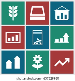 Grow icons set. set of 9 grow filled icons such as arrow up, flower, seed bag, square plant pot, graph, wheat