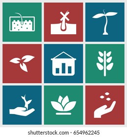 Grow icons set. set of 9 grow filled icons such as plant, hand with seeds, no hair in skin, flower, hair, plant on hand
