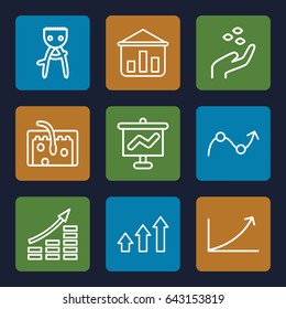 Grow icons set. set of 9 grow outline icons such as hand with seeds, hair removal, hair, graph, money growth