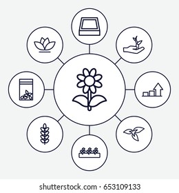 Grow icons set. set of 9 grow outline icons such as plant, flower, sprout plants, seed bag, square plant pot, graph