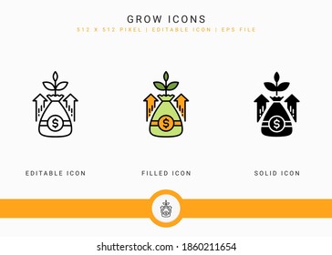 Grow icons set vector illustration with solid icon line style. Business development concept. Editable stroke icon on isolated white background for web design, user interface, mobile application