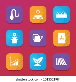 Grow icons. vector collection filled grow icons set.. includes symbols such as field, sprouting, watering can, fertilizer, graph chart. use for web, mobile and ui design.