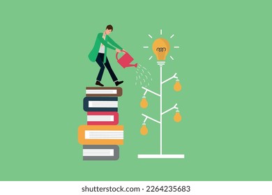 grow idea, personal mindset growth, business development, practice day to success, a man stand on his books and watering to seed of head idea