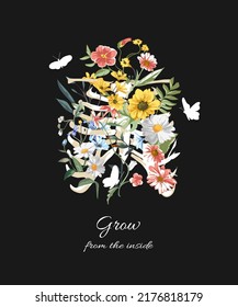 grow from the inside slogan with colorful flowers in chest skeleton vector illustration on black background