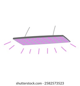 Grow lamp with pink light in flat cartoon design. Led lightning with full spectrum and sunlight effect for indoor plant gardening, domestic greenhouse. Horticulture and farming. Vector illustration