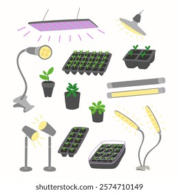 Grow lamps and seedlings set elements in flat graphic design. Bundle of different types of led lights with full spectrum and sunlight effect for indoor plant gardening. Vector illustration isolated.