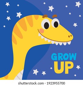 grow up lettering and one kids illustration of a yellow dinosaur vector illustration design