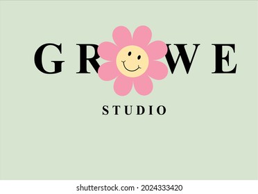 Grow lettering slogan text and daisy flower design vector