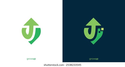 Logotipo de crecimiento. Hoja Abstractas y flecha hacia arriba con estilo moderno minimalista. Logotipo de finanzas de negocios, ícono, símbolo, Vector, Inspiración de diseño.