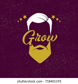 Grow logo with man hair, beard and mustaches silhouette. Vector illustration.