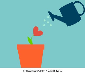 Grow love. Flower in a pot watered from a watering can. Vector illustration