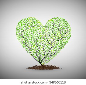 grow love, romantic spring, tree looks like heart creating from branch and leaves grow on soil, vector