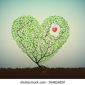 grow love, tree looks like heart creating from branch and leaves grow on soil with red heart inside, plat has feelings concept, healhy heart concept, herbal treatment,  plant alive, vector