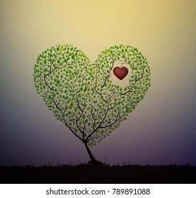 grow love, valentine composition, tree looks like heart creating from branch and leaves grow on soil with red heart inside,  vector
