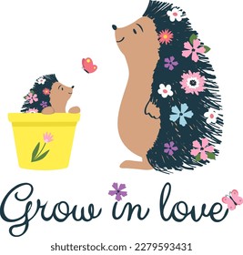 Crecer en el amor - Tarjeta vectorial con un lindo erizo. Impresión de estilo plano para los niños. Mamá y bebé erizo. Tarjeta del Día de la Madre. Pequeño erizo