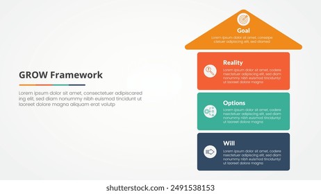 GROW model coaching infographic concept for slide presentation with arrow top direction and box stack structure with 4 point list with flat style vector
