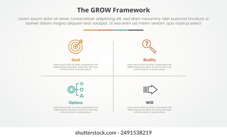 GROW model coaching infographic concept for slide presentation with matrix structure and line divider with 4 point list with flat style vector