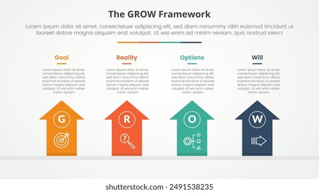 GROW model coaching infographic concept for slide presentation with arrows top direction with 4 point list with flat style vector