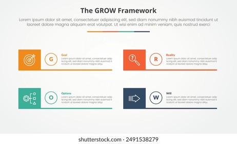 GROW model coaching infographic concept for slide presentation with creative square box and line bottom with 4 point list with flat style vector