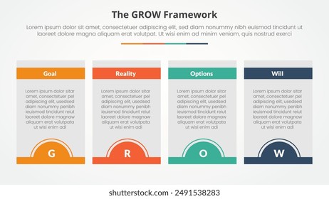 GROW model coaching infographic concept for slide presentation with box table and half circle badge at bottom with 4 point list with flat style vector