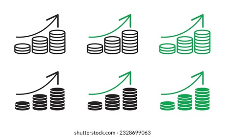 Concepto de icono de crecimiento del dinero. aumentar las ganancias por ventas. aumentar la pila de monedas de ingresos. símbolo de crecimiento de beneficios. aumentar el signo salarial. signo de gráfico de aumento de crecimiento de ingresos.