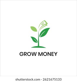 Grow Money Logo. Green Leaf and Tree Symbol for Finance, Investment, Banking, Eco Business, Profit Growth, Currency, Wealth, Market, Dollar, Revenue, Graph Icon, Vector Design for Company Branding